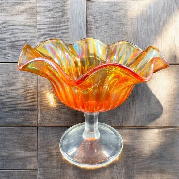 VTG Marigold Carnival Glass Iridescent Ruffled Pedestal Compote Footed Dish Bowl - Picture 1 of 14